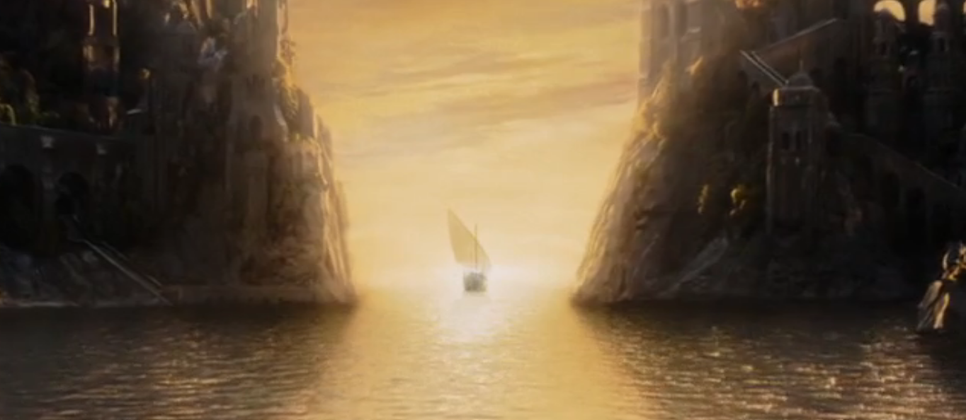 A ship sailing out from the Grey Havens into the light