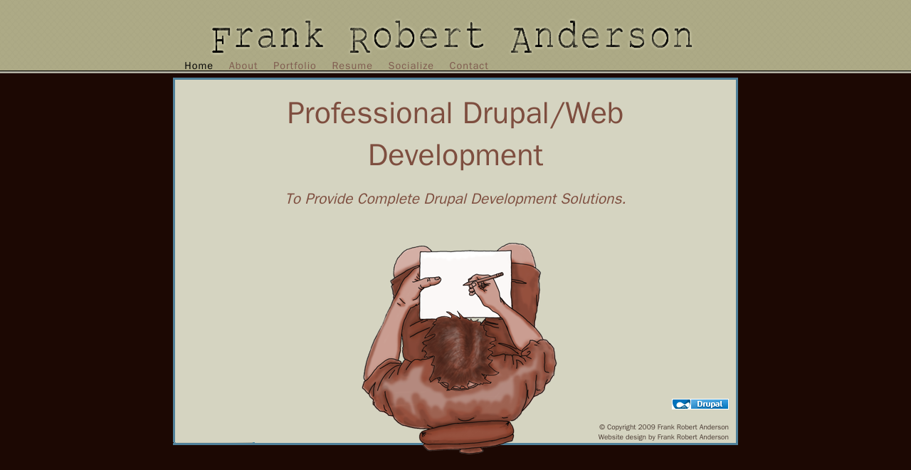The frankrobertanderson.com homepage: a dark burgundy background, olive header bar, and a typewriter-font nameplate
